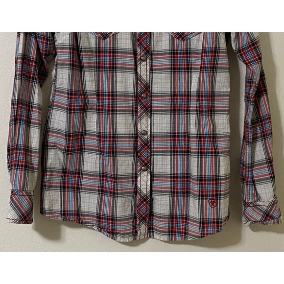Ariat Women's Western Long Sleeve Metal Snap Button Small Plaid Shirt Red Gray - Picture 3 of 9